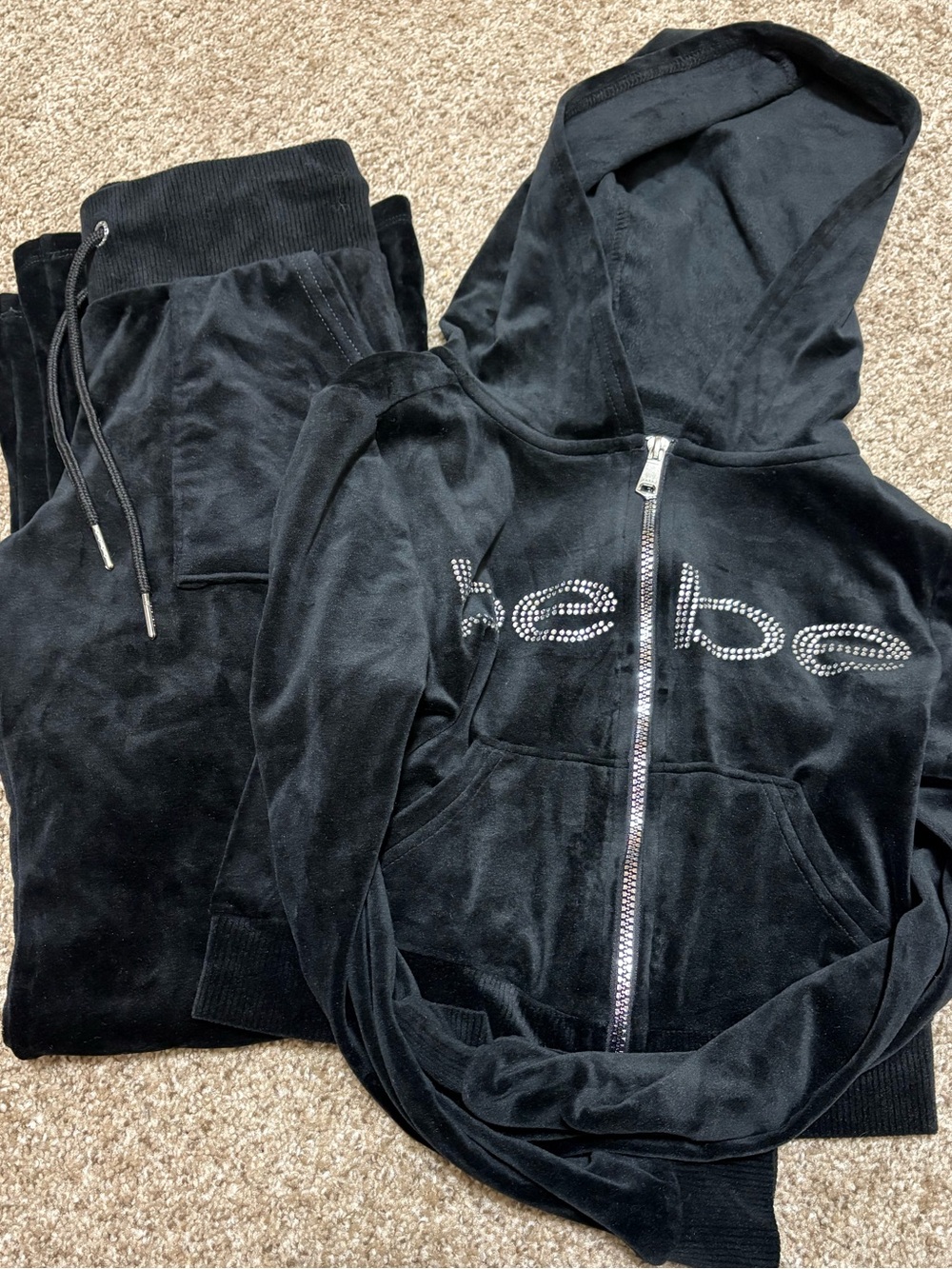 bebe Black Velour Rhinestone Logo Zip-Up Hoodie Set